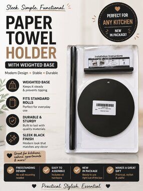 Black Paper Towel Holder Stand Weighted Base Countertop Kitchen Organizer New